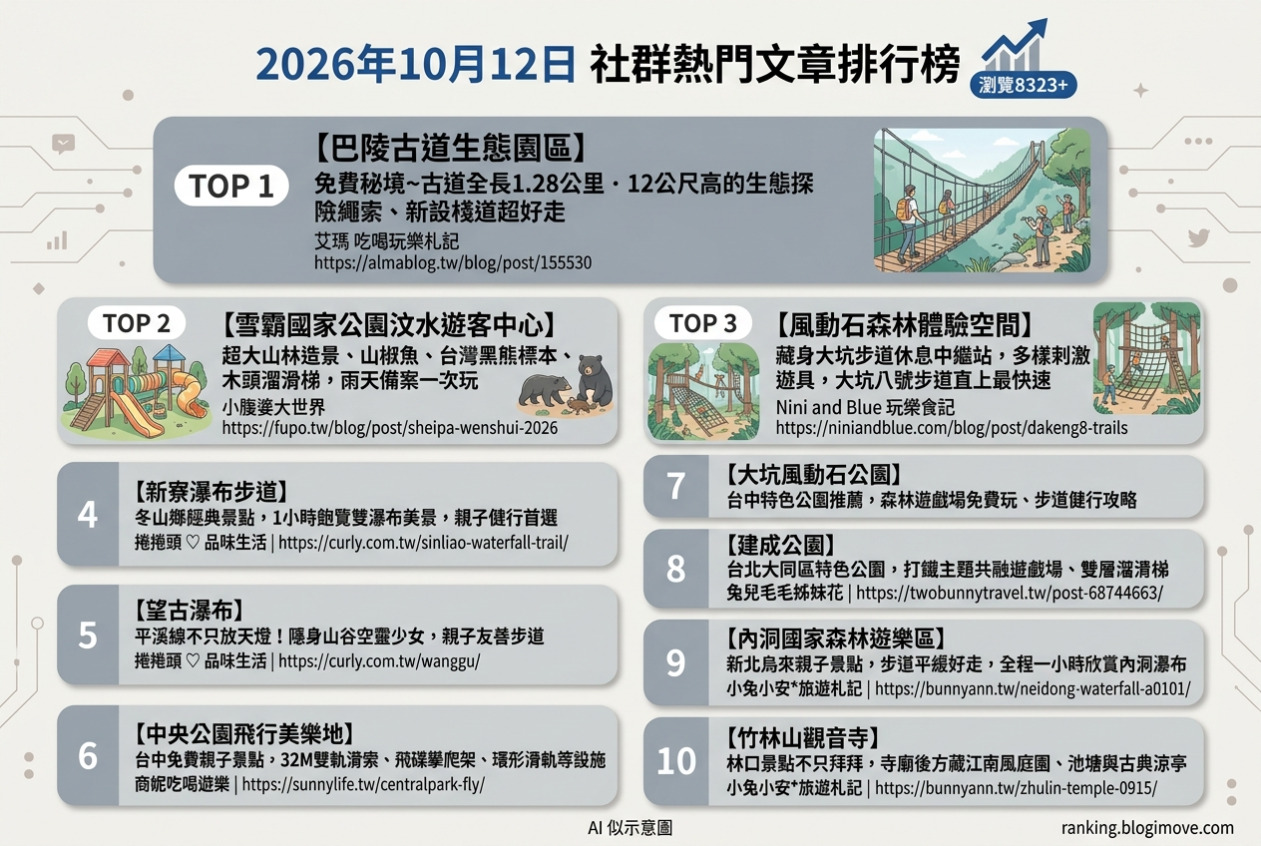 2026年10月12日| 親子旅行 | 熱門社群文章導讀：桃園古道探險、苗栗雪霸遊客中心、台中風動石森林遊戲場、宜蘭新寮瀑布與平溪望古瀑布秘境 @Blogimove Ranking