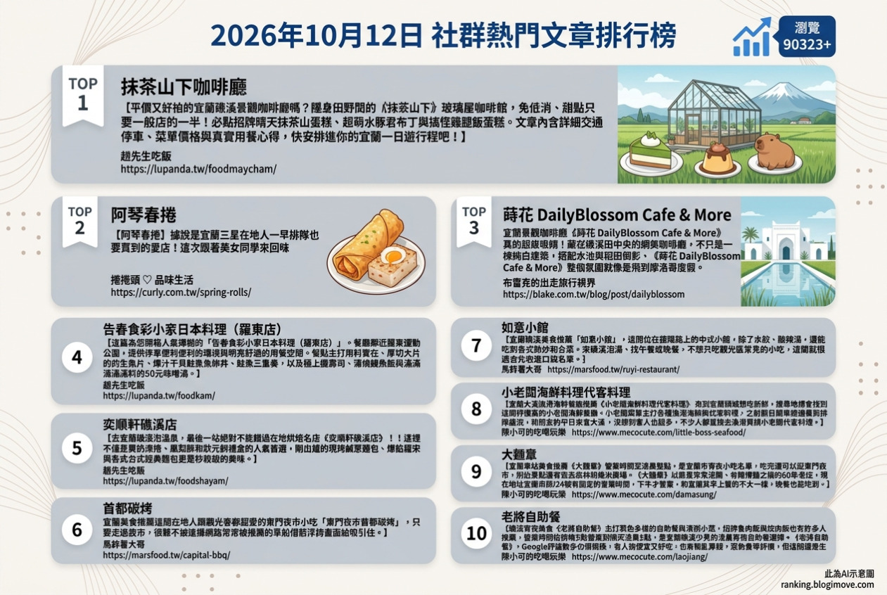 2026年10月12日| 宜蘭美食 | 熱門社群文章導讀：抹茶山下咖啡廳、阿琴春捲、蒔花咖啡、告春食彩小家日本料理與奕順軒。 @Blogimove Ranking
