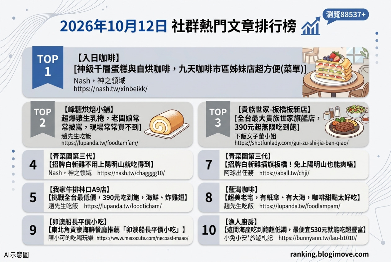 2026年10月12日| 新北美食 | 熱門社群文章導讀：神級千層蛋糕、爆漿生乳捲、旗艦吃到飽牛排與人氣白斬雞。 @Blogimove Ranking