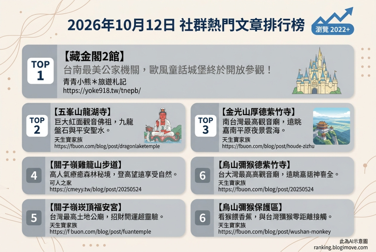 2026年10月12日| 國內旅遊 | 熱門社群國內旅遊文章導讀：藏金閣2館、五峯山龍湖寺、厚德紫竹寺、關子嶺雞籠山步道與崁頂福安宮。 @Blogimove Ranking
