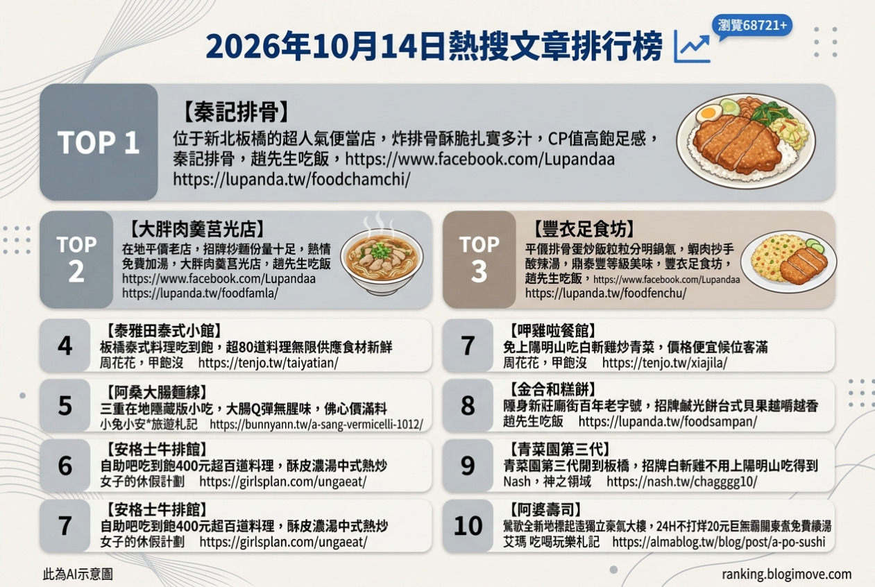 2026年10月14日| 新北美食 | 熱搜文章導讀：超人氣排骨飯、平價肉羹、鼎泰豐級炒飯、泰式料理吃到飽與銅板麵線。 @Blogimove Ranking