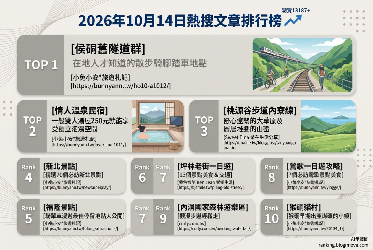 2026年10月14日| 國內旅遊 | 熱搜文章導讀：瑞芳健走秘境、烏來平價湯屋、貢寮大草原、新北景點與福隆單車。 @Blogimove Ranking