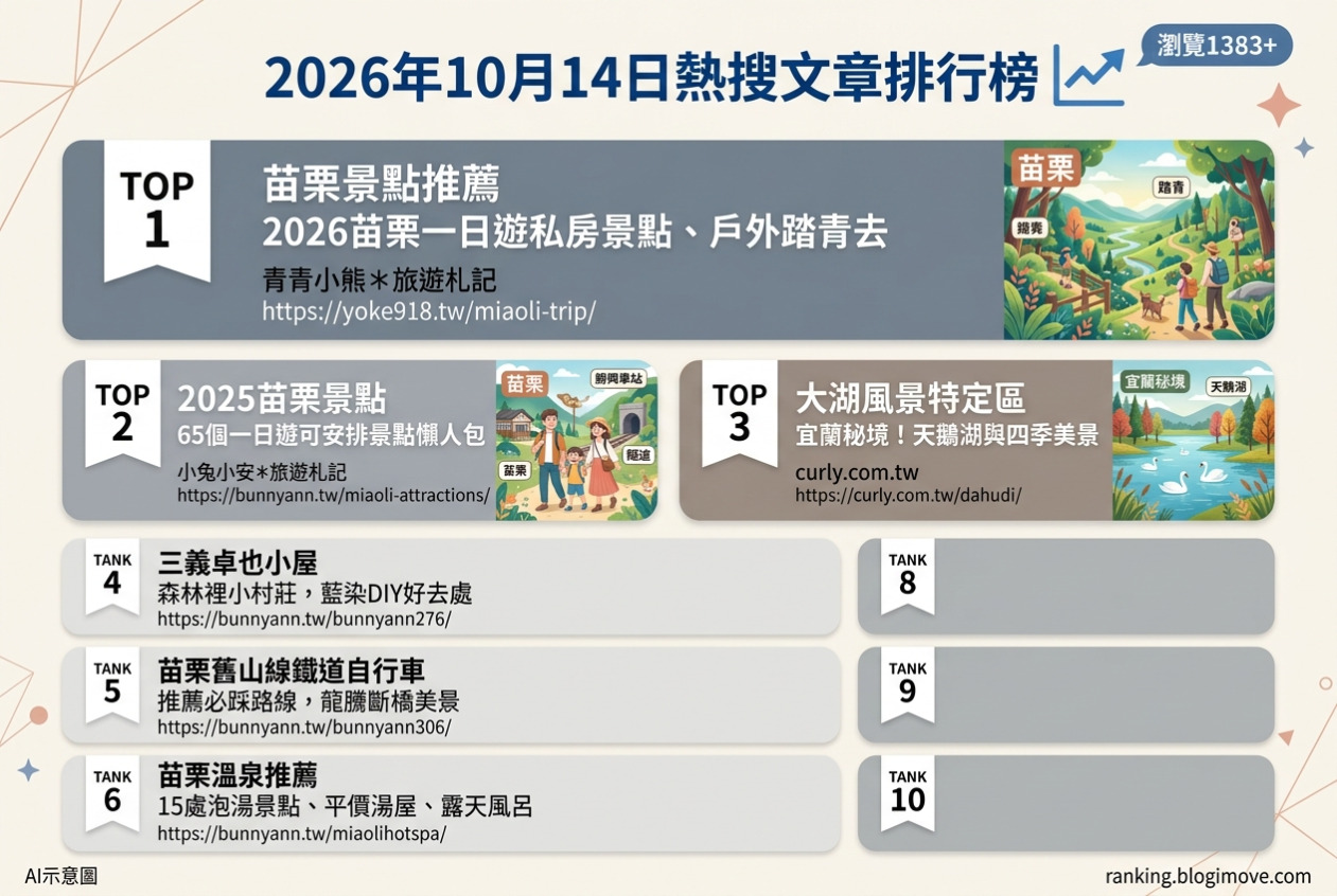 2026年10月14日| 國內旅遊 | 熱門搜尋國內旅遊文章導讀：苗栗一日遊私房景點、勝興車站、卓也小屋藍染體驗與溫泉泡湯推薦。 @Blogimove Ranking