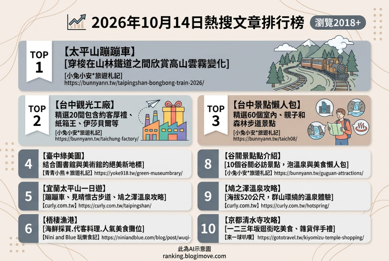 2026年10月14日| 國內與海外旅遊 | 熱搜文章導讀：太平山蹦蹦車、台中觀光工廠、台中一日遊景點、臺中綠美圖與宜蘭太平山攻略 @Blogimove Ranking