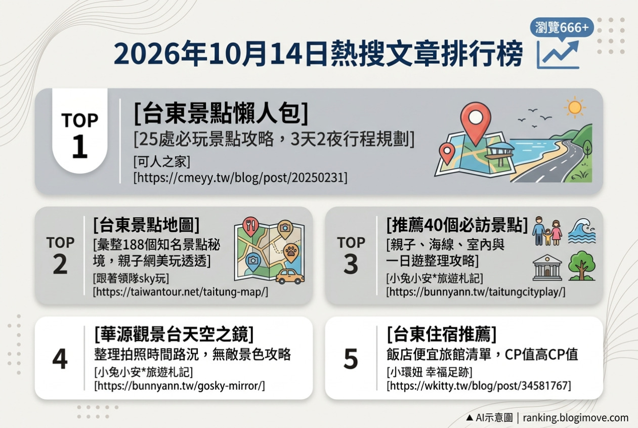 2026年10月14日| 台東景點 | 熱搜文章導讀：台東景點懶人包、景點地圖、必訪景點、天空之鏡與住宿推薦。 @Blogimove Ranking