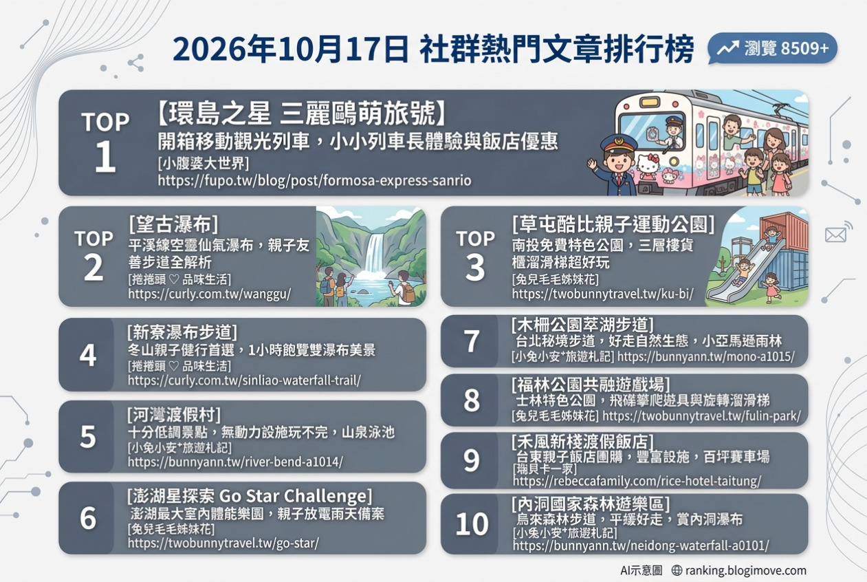 2026年10月17日| 親子旅行 | 熱門社群文章導讀：環島之星三麗鷗萌旅號、平溪望古瀑布、南投草屯酷比親子運動公園、新寮瀑布步道與河灣渡假村。 @Blogimove Ranking