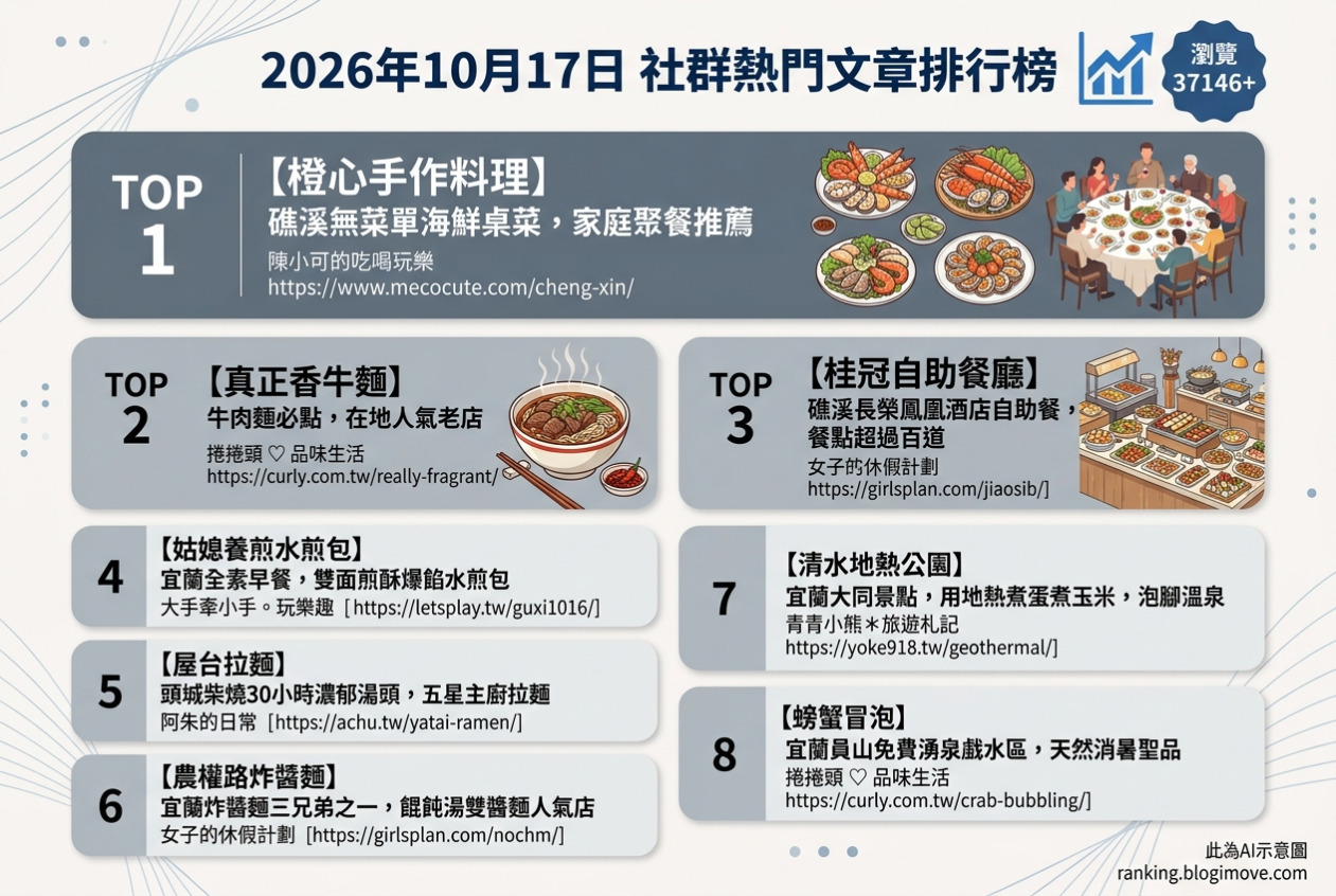2026年10月17日| 宜蘭美食 | 熱門社群文章導讀：無菜單桌菜、人氣牛肉麵、豪華自助餐、純素水煎包與柴燒拉麵。 @Blogimove Ranking