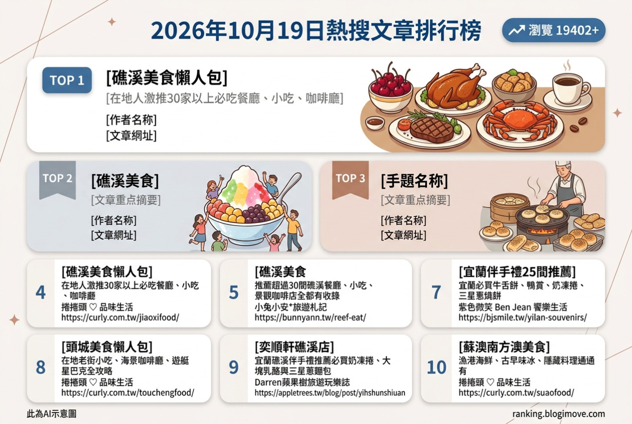 2026年10月19日| 宜蘭美食 | 熱搜文章導讀：自助餐吃到飽、50年雪花冰、碳烤燒餅、海鮮百匯與伴手禮。 @Blogimove Ranking